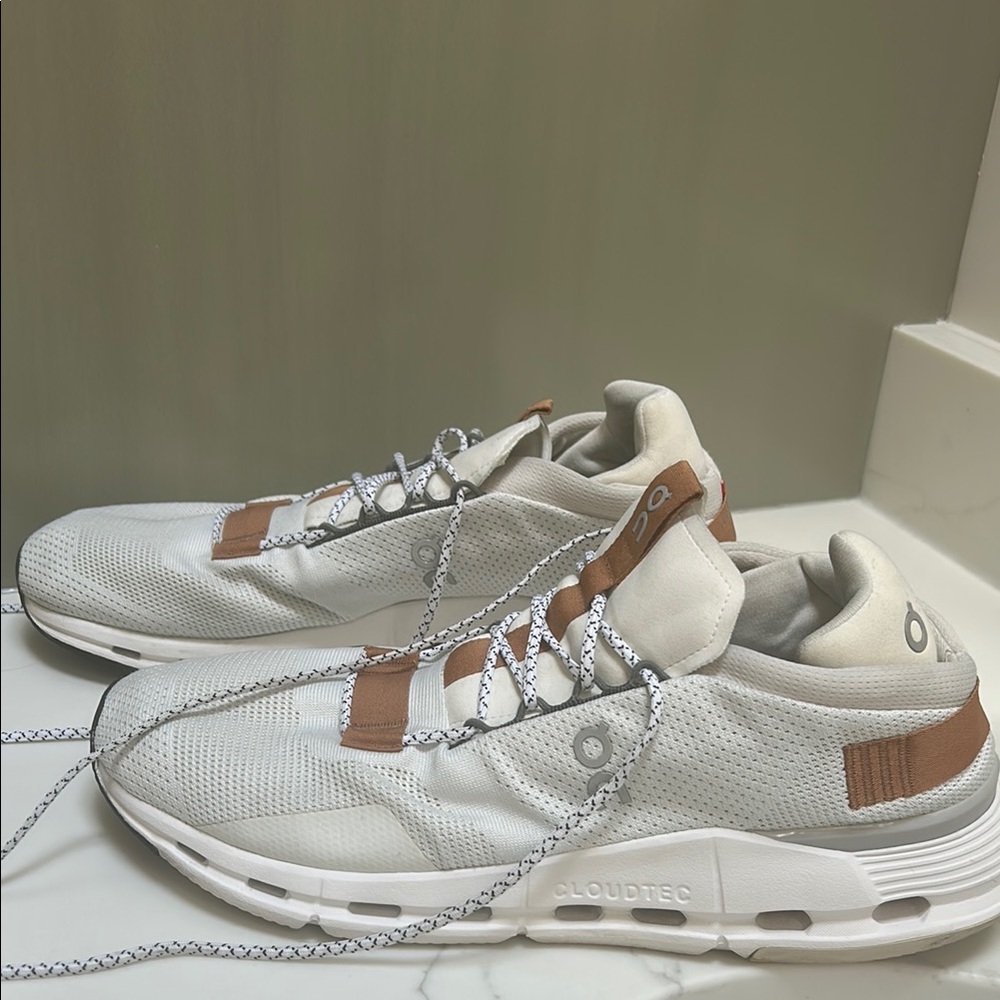 On Running White and Tan Sneakers with Minimalist Design